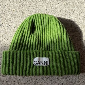 Ganni Green Ribbed Knit Beanie